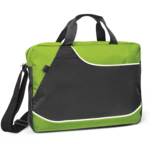 A green and black conference satchel with a shoulder strap and handles, featuring a logo on the side.