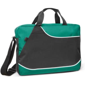 A green and black conference satchel with handles and a shoulder strap, featuring a stylish design and a logo.