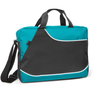 A conference satchel featuring a teal and black design with contrast piping and a detachable shoulder strap.