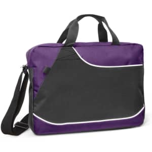 A purple and black satchel with a shoulder strap and handles, featuring a decorative white trim and a logo.