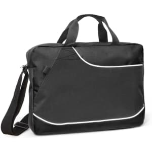 A black conference satchel with a shoulder strap and handles, featuring a stylish white trim and a logo.