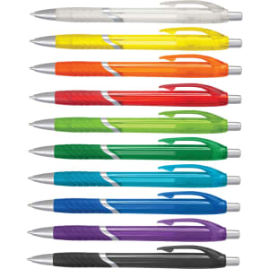 A collection of ten translucent plastic pens in colours including clear, yellow, orange, red, green, blue, purple, and black, featuring silver accents.