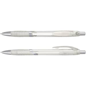 A set of translucent plastic pens in clear and silver, featuring a ribbed grip and a clip.
