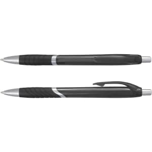 A set of black translucent plastic pens with silver accents, featuring textured grip and clip.