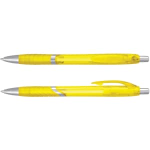 Two translucent yellow plastic pens with silver accents, featuring a textured grip and a click mechanism.
