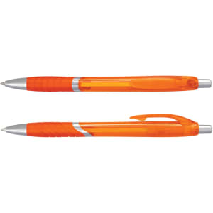 A set of two translucent orange plastic pens with silver accents and grip sections.