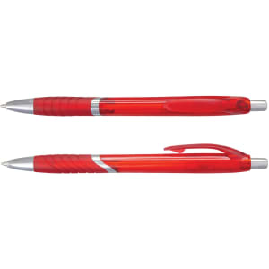 A set of red translucent plastic pens featuring silver accents and a clip, displayed side by side.