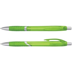 A green translucent plastic pen with a silver clip and accents, featuring a ribbed grip and smooth barrel design.