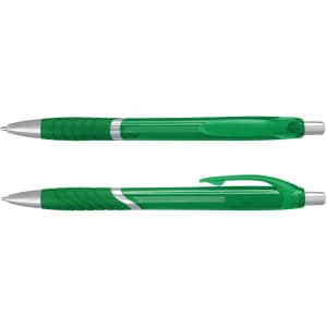 A green translucent plastic pen with silver accents and a grip section. The pen has a clip and is displayed from two angles.
