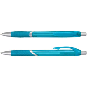 Two translucent blue plastic pens with silver accents. One pen is capped while the other has a visible clip.