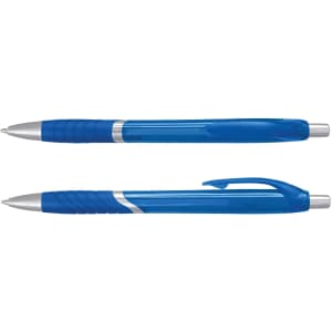 A blue translucent plastic pen with a silver clip and grip, featuring a logo on the body.