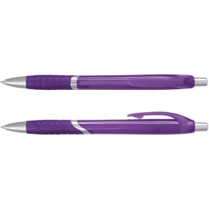 Two plastic pens in a translucent purple colour, featuring silver accents and grip lines on the barrel.