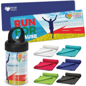 A selection of cooling towels in various colours alongside a drink bottle with a logo.