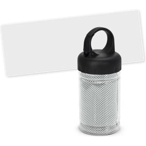 A transparent tube with a black lid and a mesh design, featuring a cooling towel inside.