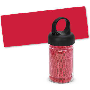 A red cooling towel stored inside a transparent tube with a black lid, featuring a hanging loop.