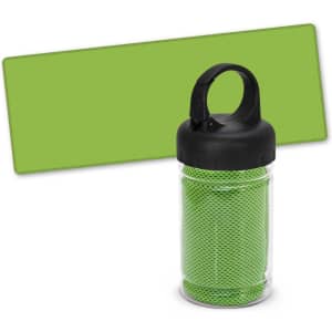 A green active cooling towel rolled inside a transparent tube with a black lid and handle. The towel is displayed beside the tube.
