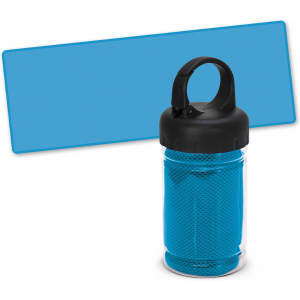 A transparent tube containing a blue cooling towel with a black lid and handle, set against a blue background.