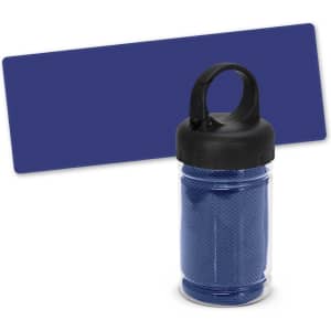 A cooling towel packaged in a clear, black-lidded tube. The towel is a solid navy blue, showcasing a textured design.