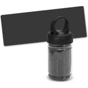 A cooling towel in a transparent tube with a black cap and handle, accompanied by a rectangular black background.