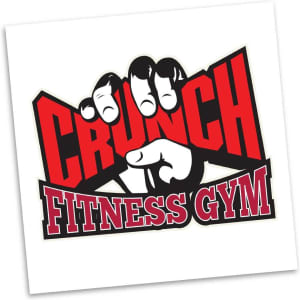 A square temporary tattoo featuring a bold red and black design with a hand gripping the text "CRUNCH FITNESS GYM."
