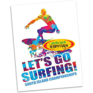 A vibrant temporary tattoo featuring a colourful surfer silhouette on a white background with a logo.
