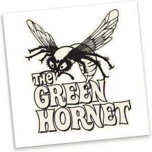 A square temporary tattoo design featuring an illustration of a hornet in black ink on a white background.