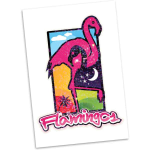 A vibrant temporary tattoo featuring pink flamingos against a colourful background with stars and clouds.