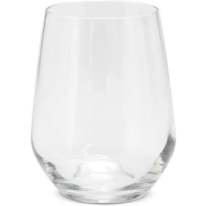 A stemless glass with a clear, smooth design and a rounded base, suitable for various beverages.