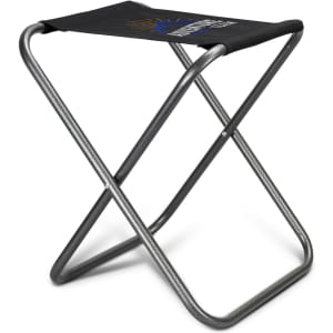 A folding stool with a black seat and a silver metal frame, featuring a logo on the seat.