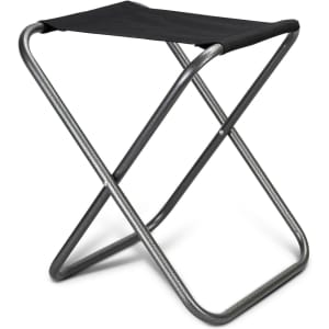 A folding stool with a black fabric seat and a lightweight metallic frame.