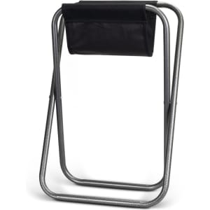A folding stool with a black canvas seat and a sturdy metallic frame, designed for portability and ease of storage.