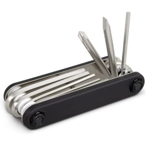 A multi-tool set in black and silver, featuring various stainless steel tools and a compact design.