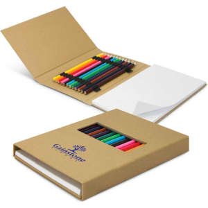 A sketch set featuring assorted coloured pencils in vibrant hues, housed in a brown cardboard case with a logo.
