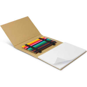 A sketch set featuring assorted coloured pencils in vibrant shades and a pad of blank paper, all housed in a kraft folder.