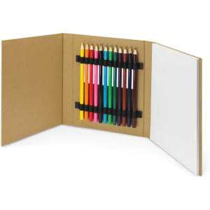 A sketch set featuring a range of coloured pencils in various hues and a blank notebook. The set is contained in a kraft cover with elastic bands.