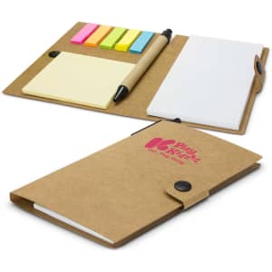 A tan wallet with a pen, sticky notes in pink, yellow, green, and blue, and a notepad. Features a logo on the cover.