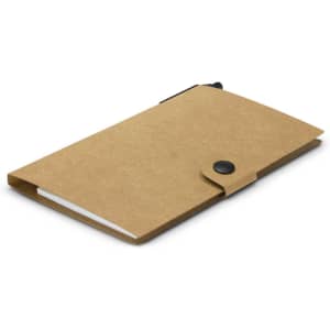 A tan notebook wallet featuring a button closure and a pen, designed for office and business use.