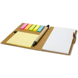 A notebook wallet in brown with yellow sticky notes, multicoloured tabs, and a black pen.