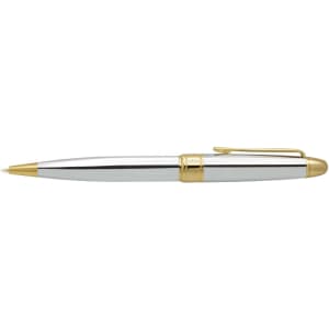 A sleek silver metal pen with gold accents and a clip, featuring a logo on the body.