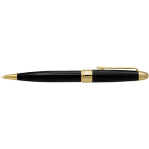 A black metal pen with gold accents and a clip, featuring a sleek design and smooth finish.