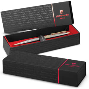 A metal pen in a sleek black and gold design, resting in an elegant presentation box with a logo.