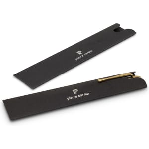 A metal pen with a sleek gold finish, displayed within a black case featuring branding.