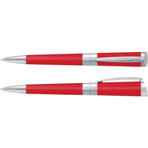 A red metal pen with silver accents and a logo, displayed in two positions.