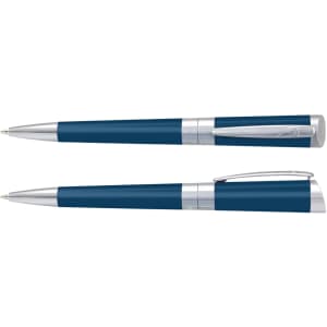 A metal pen set in a deep blue shade with silver accents and a sleek design, featuring a logo.