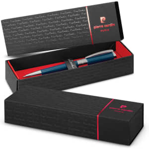 A blue metal pen in an elegant black and red presentation box featuring a branding logo.