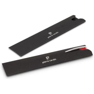 A sleek metal pen in a black presentation box, featuring a silver and red design with a logo.