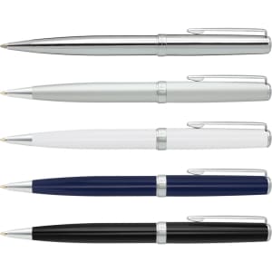 A set of five metal pens in silver, white, navy blue, and black, each with a chrome accent and clip.