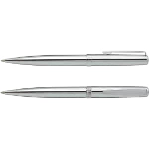 A set of two silver metal pens with smooth finishes and clips, featuring branding on the barrel.