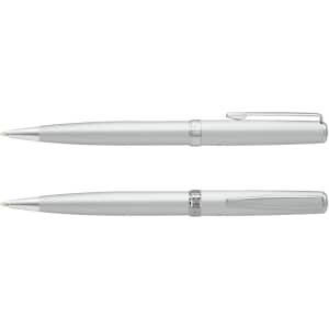 A set of silver metal pens with a sleek design and a branding logo on one side.