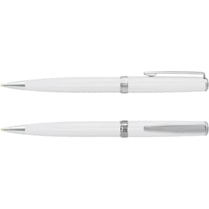 A set of two white metal pens with chrome accents and clips, featuring a sleek and elegant design.